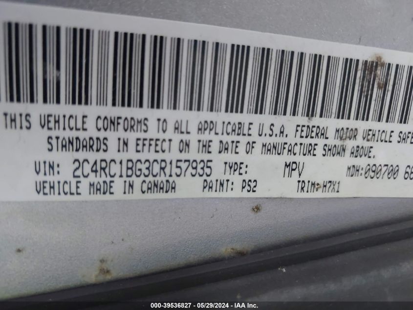 2012 Chrysler Town & Country Touring VIN: 2C4RC1BG3CR157935 Lot: 39536827