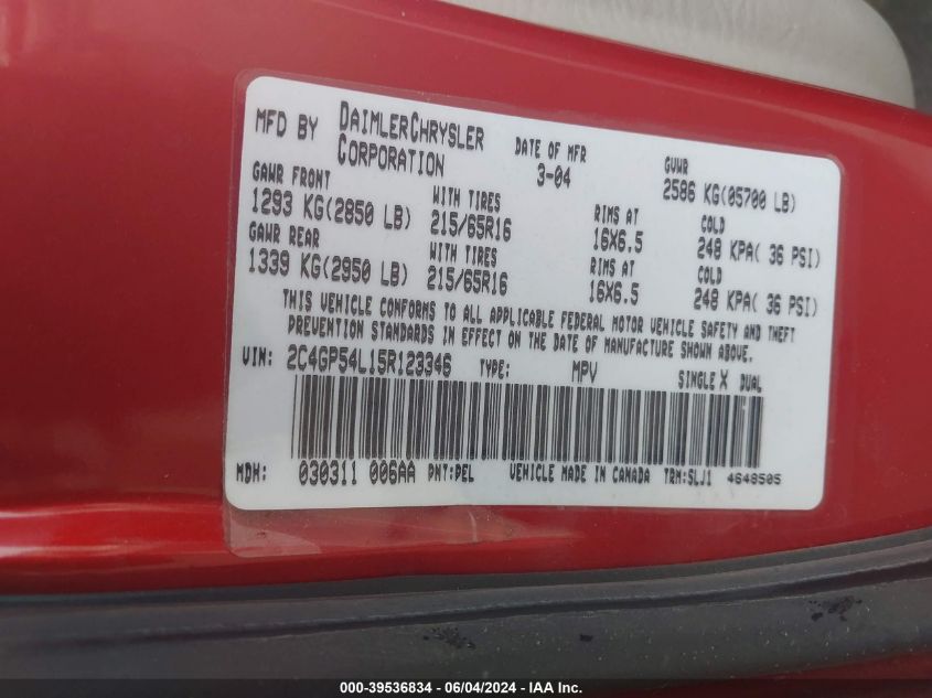 2005 Chrysler Town & Country Touring VIN: 2C4GP54L15R123346 Lot: 39536834