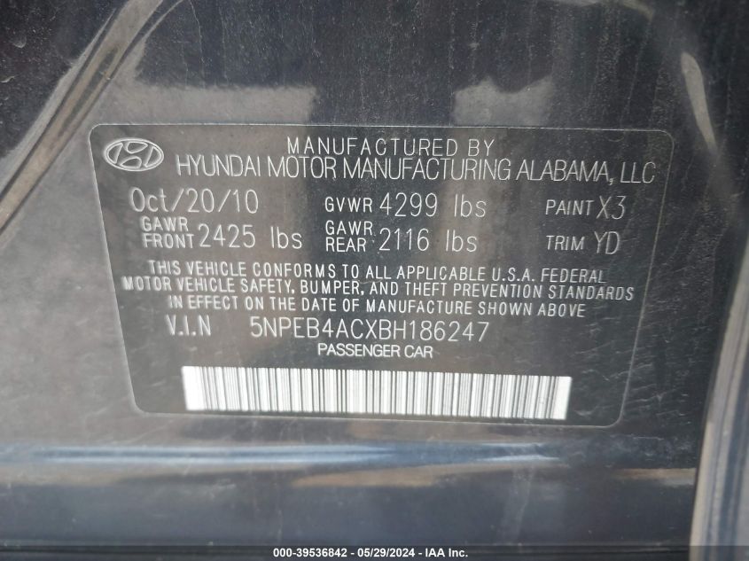 2011 Hyundai Sonata Gls VIN: 5NPEB4ACXBH186247 Lot: 39536842