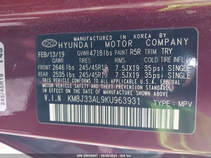 2019 Hyundai Tucson Night VIN: KM8J33AL9KU963931 Lot: 39536847