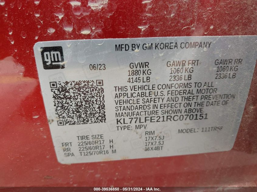 2024 Chevrolet Trax Fwd Sp VIN: KL77LFE21RC070151 Lot: 39536850