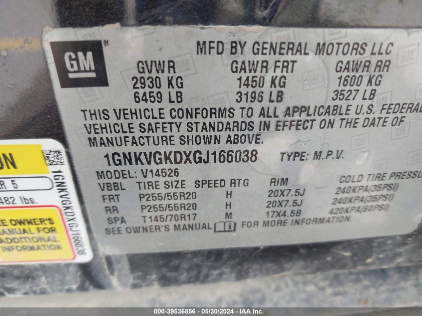 2016 Chevrolet Traverse 1Lt VIN: 1GNKVGKDXGJ166038 Lot: 39536856