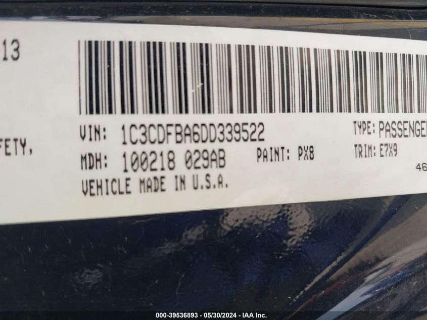 2013 Dodge Dart Sxt VIN: 1C3CDFBA6DD339522 Lot: 39536893