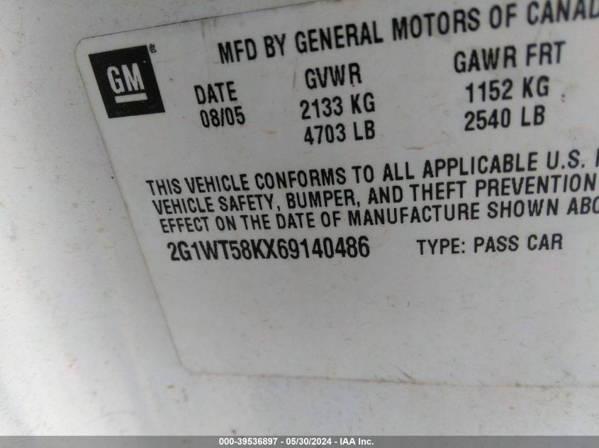 2006 Chevrolet Impala Lt VIN: 2G1WT58KX69140486 Lot: 39536897