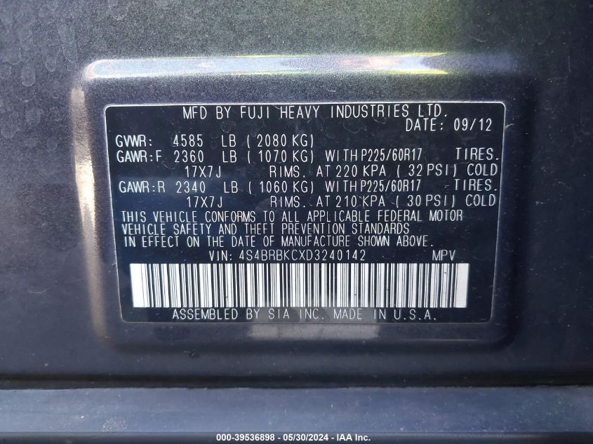 2013 Subaru Outback 2.5I Limited VIN: 4S4BRBKCXD3240142 Lot: 39536898