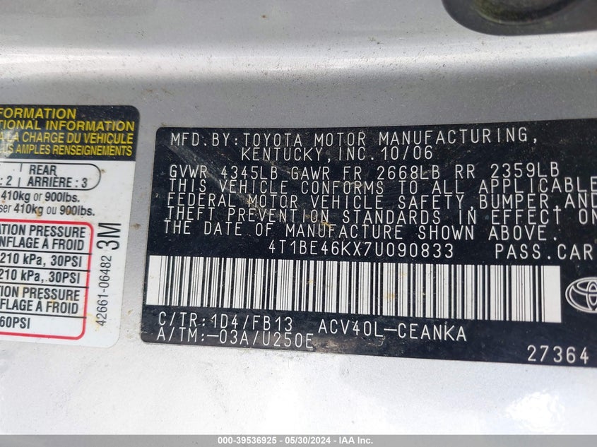 2007 Toyota Camry Le VIN: 4T1BE46KX7U090833 Lot: 39536925