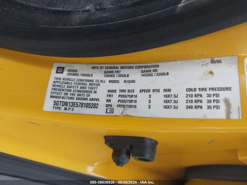 2007 Hummer H3 Suv VIN: 5GTDN13E578105282 Lot: 39536926