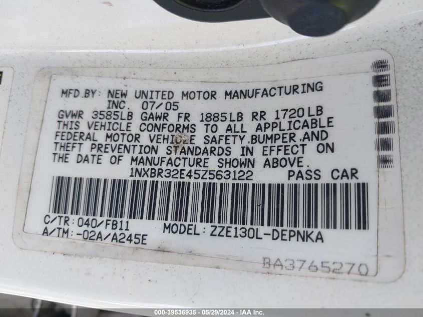 2005 Toyota Corolla Le VIN: 1NXBR32E45Z563122 Lot: 39536935