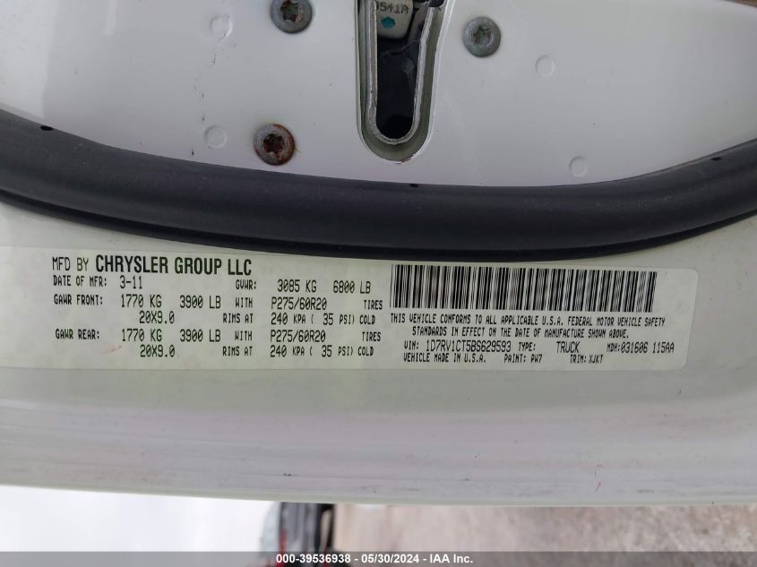 2011 Ram Ram 1500 Laramie Longhorn VIN: 1D7RV1CT5BS629593 Lot: 39536938