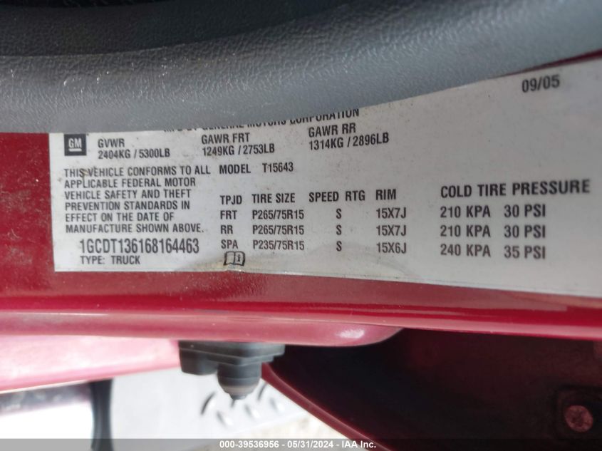 2006 Chevrolet Colorado Lt VIN: 1GCDT136168164463 Lot: 39536956