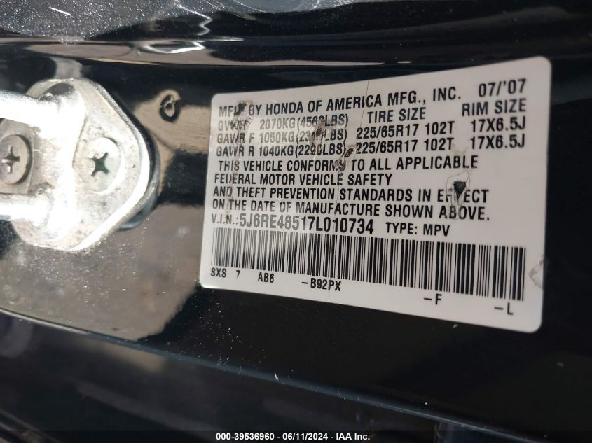 2007 Honda Cr-V Ex VIN: 5J6RE48517L010734 Lot: 39536960