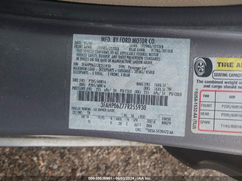 2007 Ford Fusion S VIN: 3FAHP06Z77R255930 Lot: 39536961