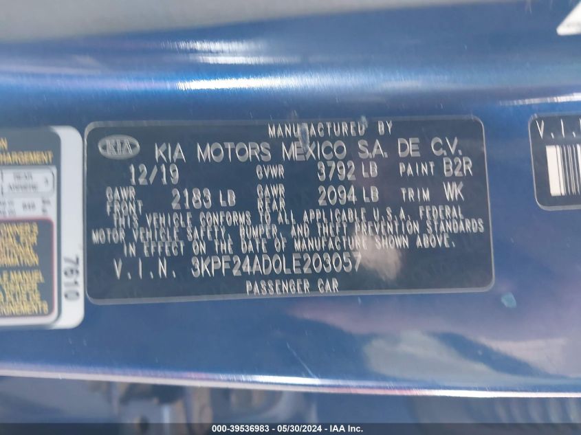 2020 Kia Forte Lxs VIN: 3KPF24AD0LE203057 Lot: 39536983