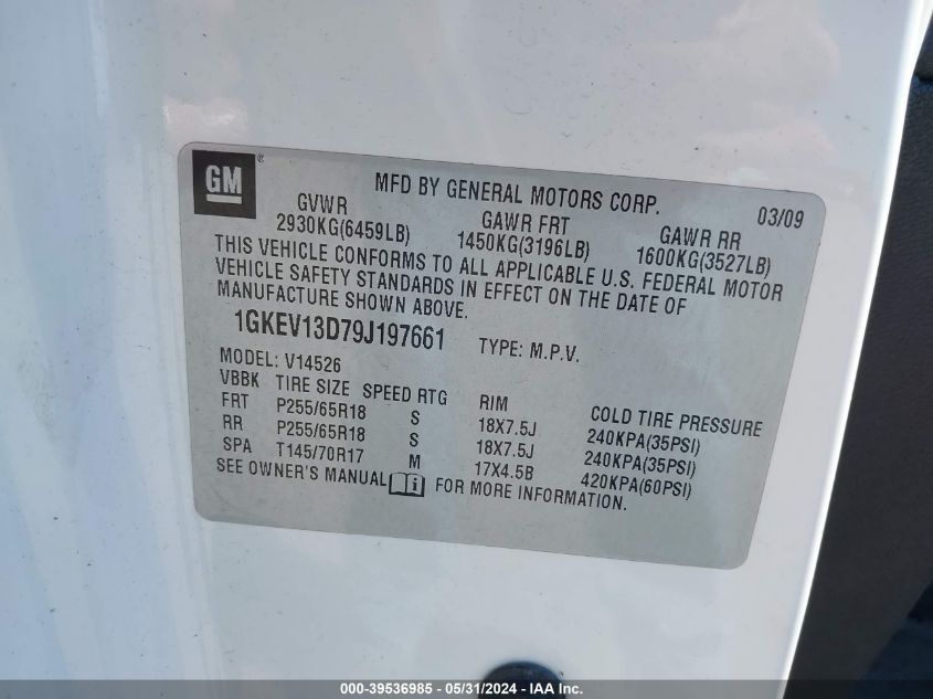 2009 GMC Acadia Sle-1 VIN: 1GKEV13D79J197661 Lot: 39536985