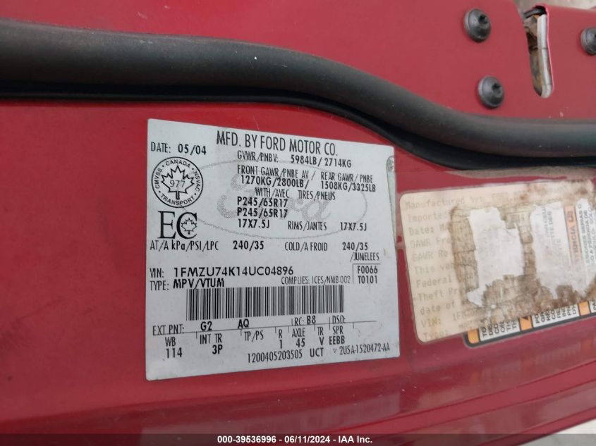 2004 Ford Explorer Eddie Bauer VIN: 1FMZU74K14UC04896 Lot: 39536996