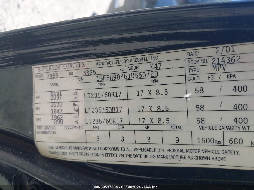 2001 Cadillac Deville Standard VIN: 1GEEH90Y61U550720 Lot: 39537004