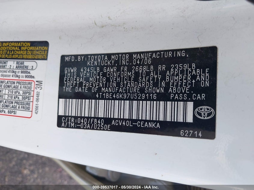 2007 Toyota Camry Le VIN: 4T1BE46K97U529116 Lot: 39537017