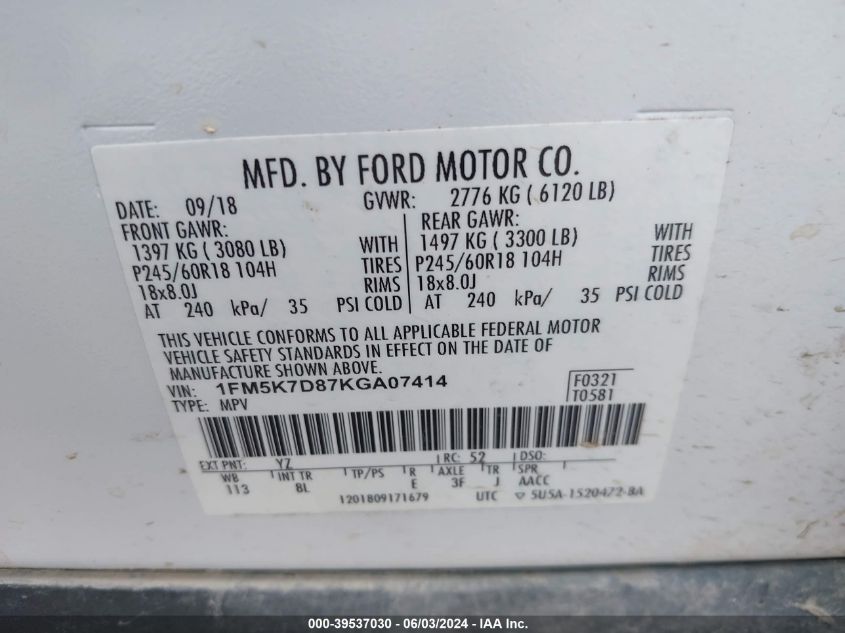 2019 Ford Explorer Xlt VIN: 1FM5K7D87KGA07414 Lot: 39537030