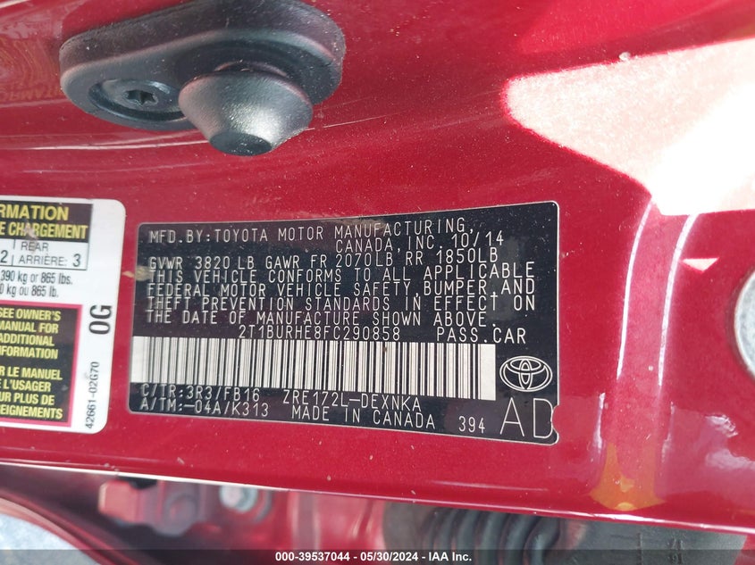 2015 Toyota Corolla Le VIN: 2T1BURHE8FC290858 Lot: 39537044