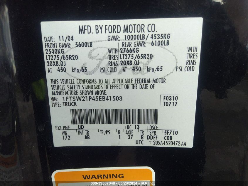 2005 Ford F-250 Lariat/Xl/Xlt VIN: 1FTSW21P45EB41503 Lot: 39537048