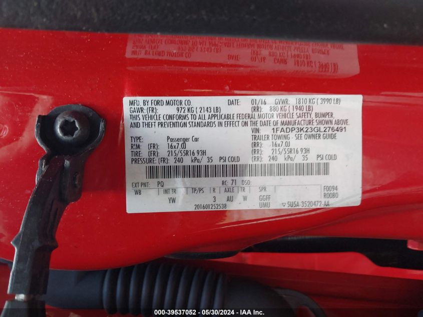 2016 Ford Focus Se VIN: 1FADP3K23GL276491 Lot: 39537052
