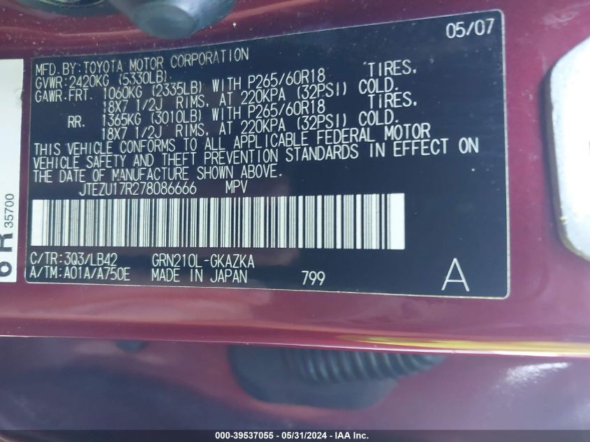 2007 Toyota 4Runner Limited V6 VIN: JTEZU17R278086666 Lot: 39537055