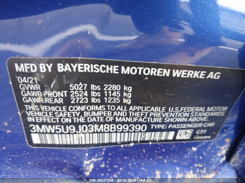 2021 BMW 3 Series M340I xDrive VIN: 3MW5U9J03M8B99390 Lot: 39537058