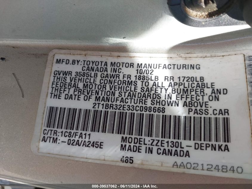 2003 Toyota Corolla Le VIN: 2T1BR32E33C098668 Lot: 39537062