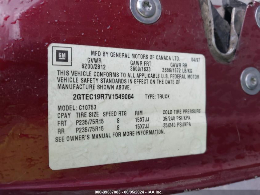 1997 GMC Sierra 1500 Sl Wideside VIN: 2GTEC19R7V1549064 Lot: 39537083