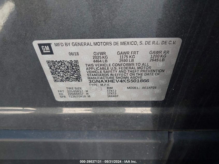 2019 Chevrolet Equinox Ls VIN: 3GNAXHEV4KS501866 Lot: 39537131