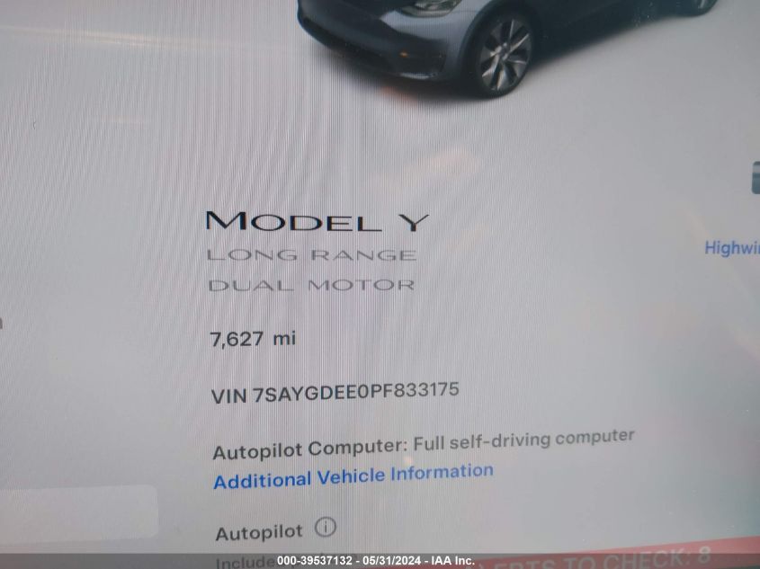 2023 Tesla Model Y Awd/Long Range Dual Motor All-Wheel Drive VIN: 7SAYGDEE0PF833175 Lot: 39537132