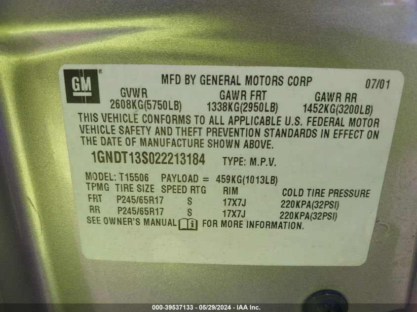 2002 Chevrolet Trailblazer Ltz VIN: 1GNDT13S022213184 Lot: 39537133