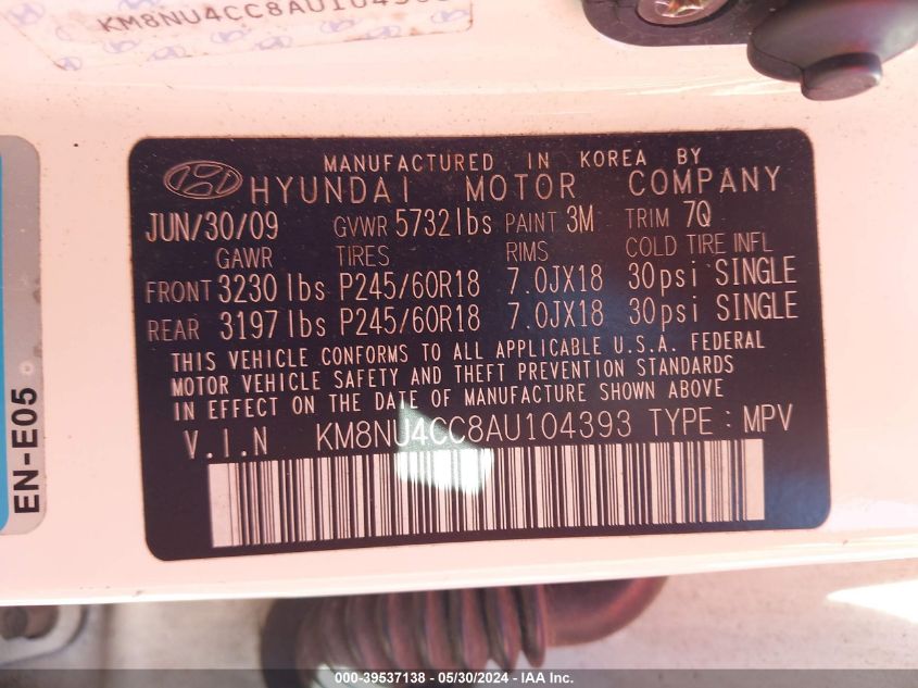 2010 Hyundai Veracruz Limited VIN: KM8NU4CC8AU104393 Lot: 39537138