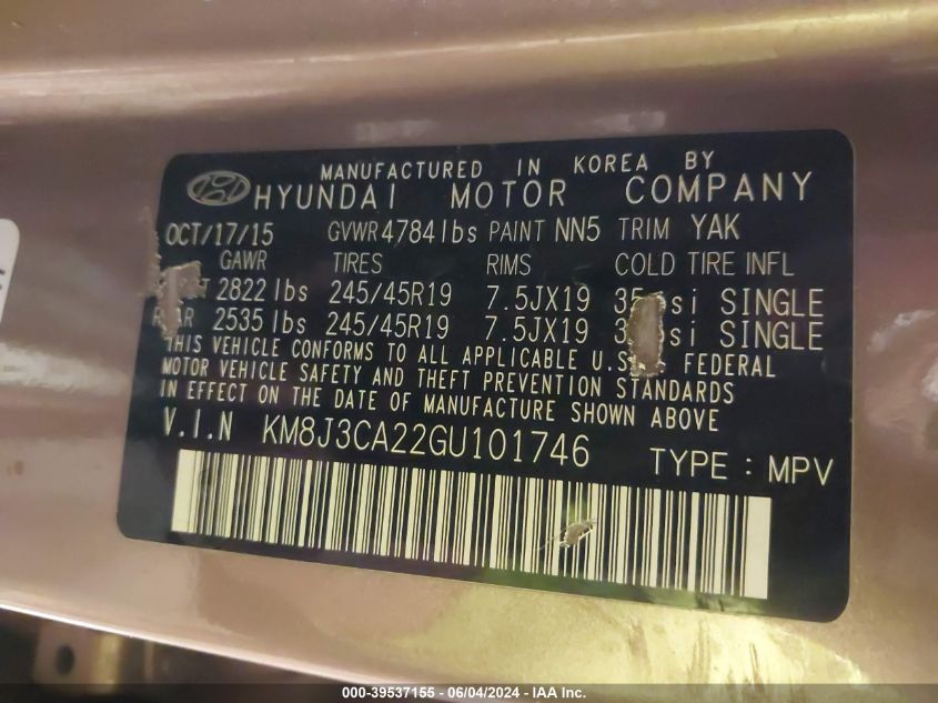 2016 Hyundai Tucson Limited VIN: KM8J3CA22GU101746 Lot: 39537155