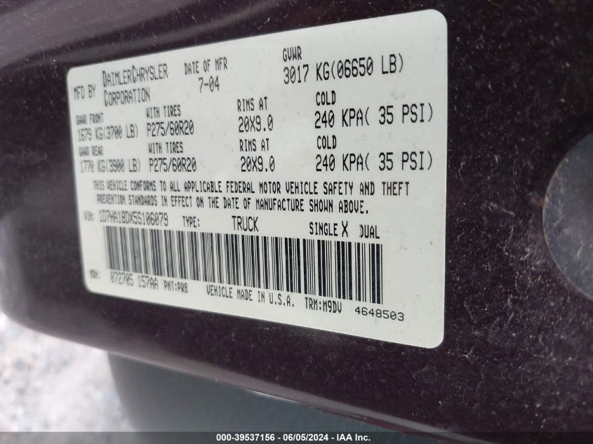 2005 Dodge Ram 1500 Slt/Laramie VIN: 1D7HA18DX5S106079 Lot: 42510088