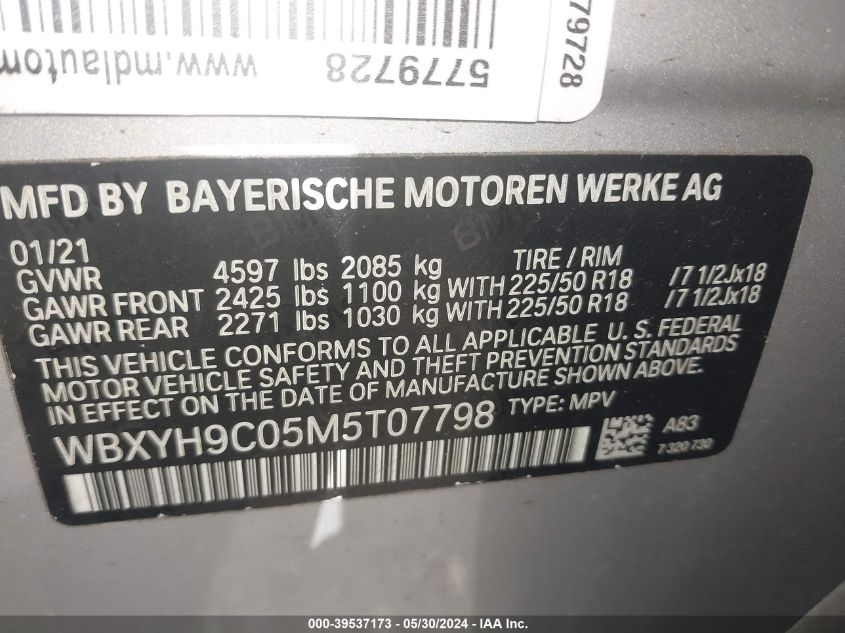 2021 BMW X2 Sdrive28I VIN: WBXYH9C05M5T07798 Lot: 39537173