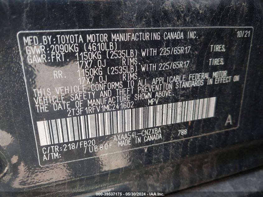 2021 Toyota Rav4 Le VIN: 2T3F1RFV1MC241602 Lot: 39537175