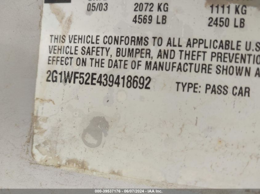 2003 Chevrolet Impala VIN: 2G1WF52E439418692 Lot: 39537176