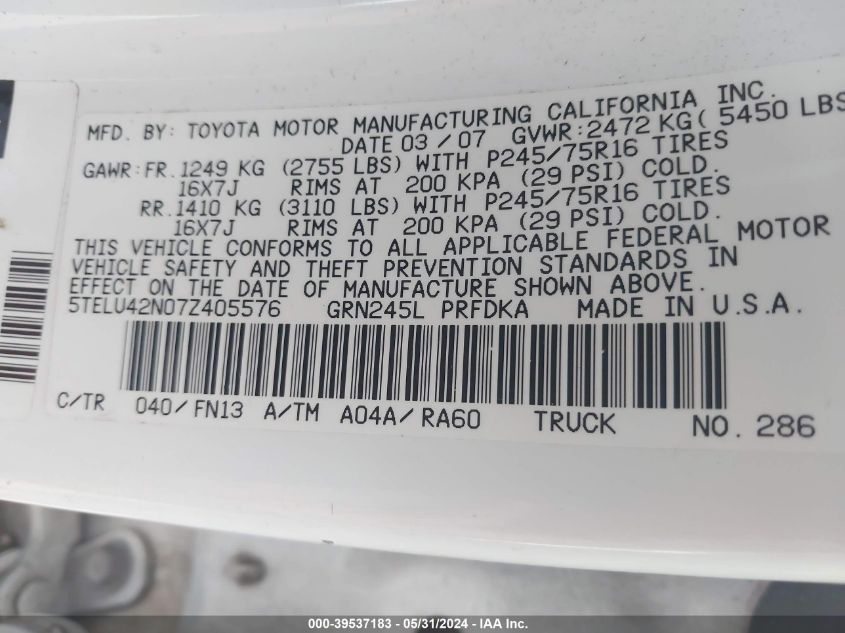 2007 Toyota Tacoma Base V6 VIN: 5TELU42N07Z405576 Lot: 39537183