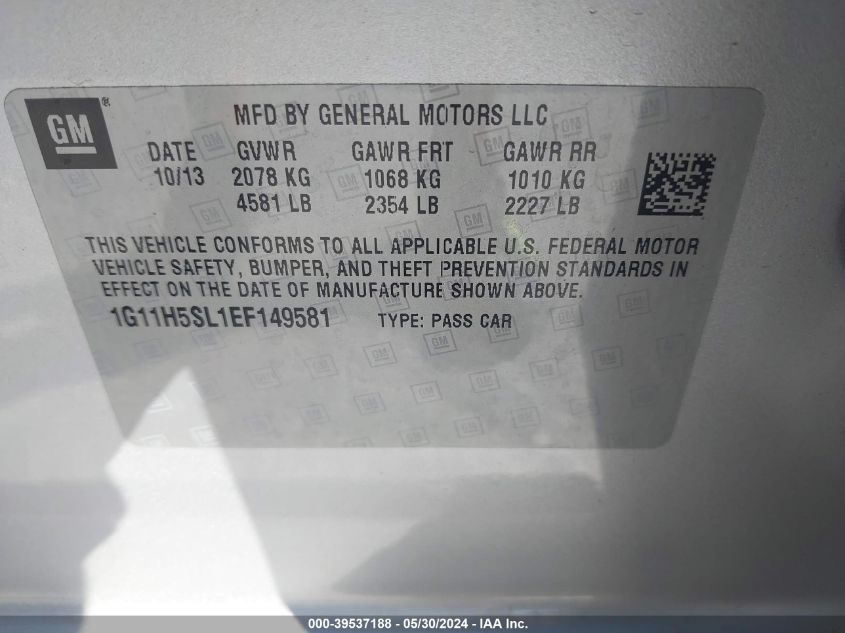 2014 Chevrolet Malibu 1Lz VIN: 1G11H5SL1EF149581 Lot: 39537188