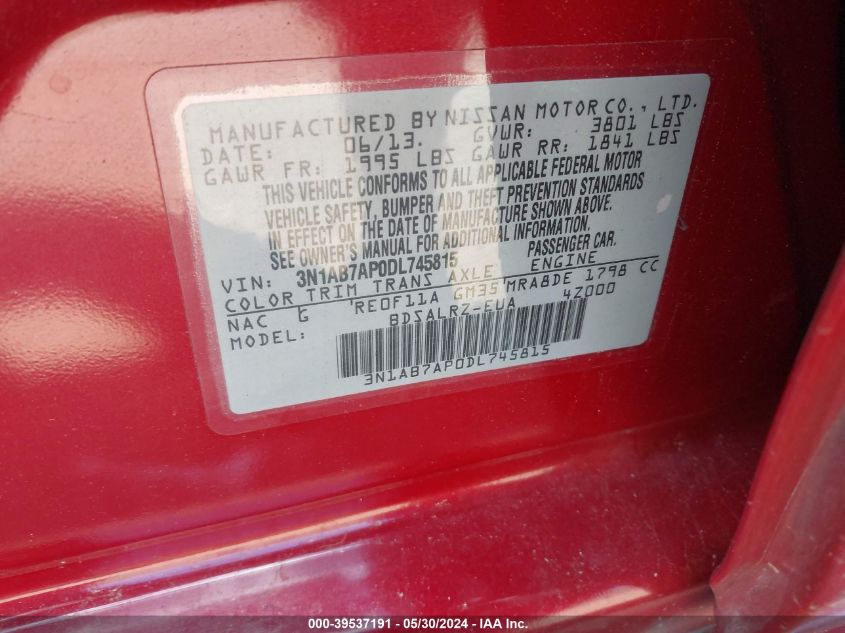 2013 Nissan Sentra Sr VIN: 3N1AB7AP0DL745815 Lot: 39537191