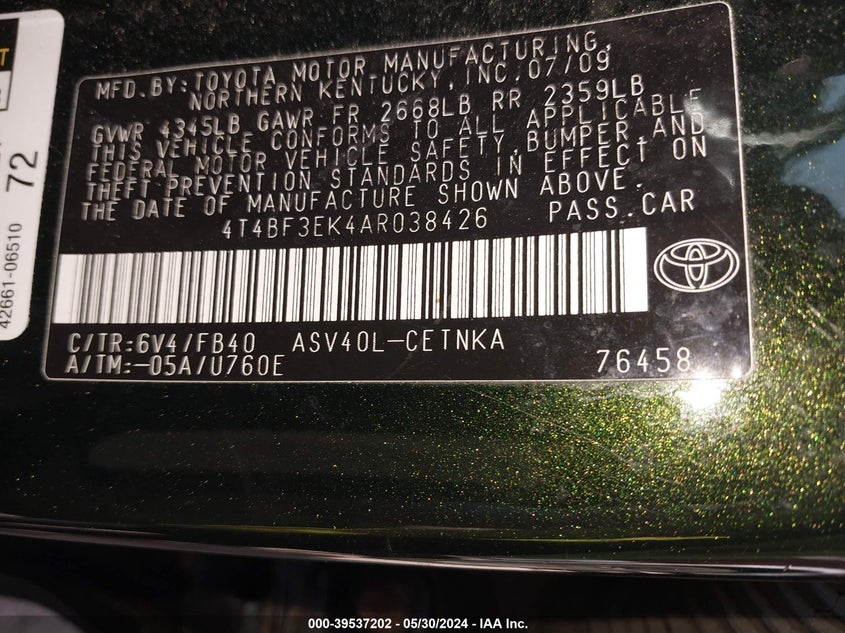 2010 Toyota Camry Le VIN: 4T4BF3EK4AR038426 Lot: 39537202