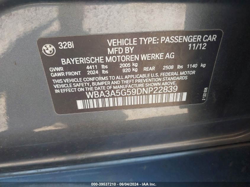 2013 BMW 328I VIN: WBA3A5G59DNP22839 Lot: 39537210