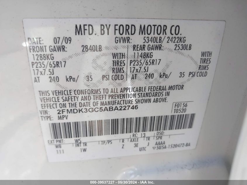 2010 Ford Edge Se VIN: 2FMDK3GC5ABA22746 Lot: 39537227