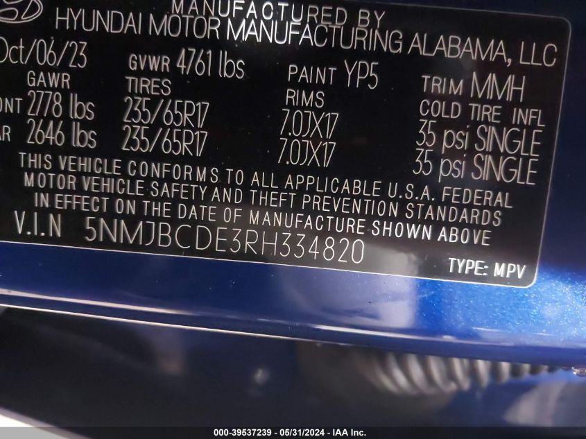 2024 Hyundai Tucson Sel VIN: 5NMJBCDE3RH334820 Lot: 39537239