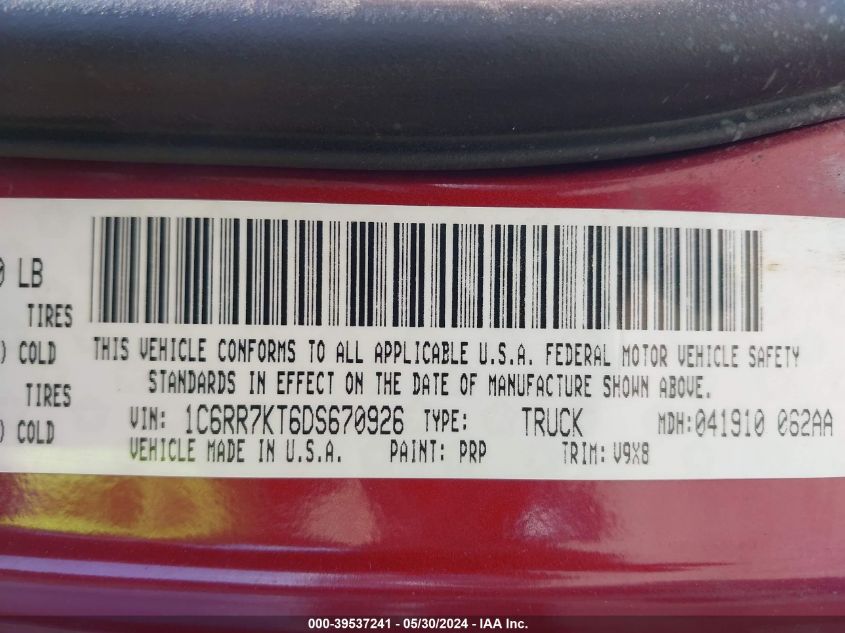 2013 Ram 1500 Express VIN: 1C6RR7KT6DS670926 Lot: 39537241