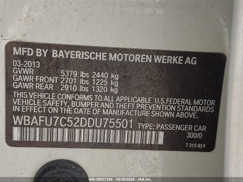2013 BMW 535I xDrive VIN: WBAFU7C52DDU75501 Lot: 39537245