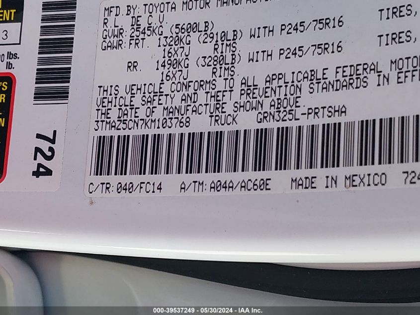 2019 Toyota Tacoma Sr5 V6 VIN: 3TMAZ5CN7KM103768 Lot: 39537249