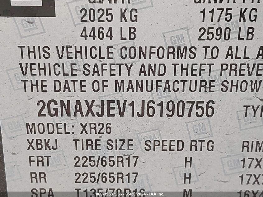 2018 Chevrolet Equinox Lt VIN: 2GNAXJEV1J6190756 Lot: 39537266