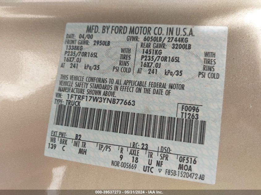 2000 Ford F-150 Work Series/Xl/Xlt VIN: 1FTRF17W3YNB77663 Lot: 39537273